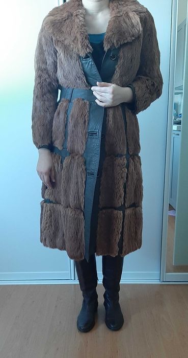 Futro naturalne płaszcz 36 S skóra brąz