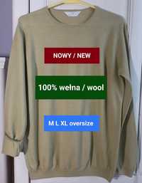 M L XL XXL oversize oliwkowy sweter wełniany 100% wełna wool