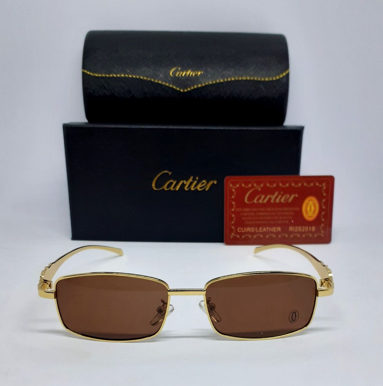 Cartier очки мужские модные узкие коричневые в золоте поляризированые