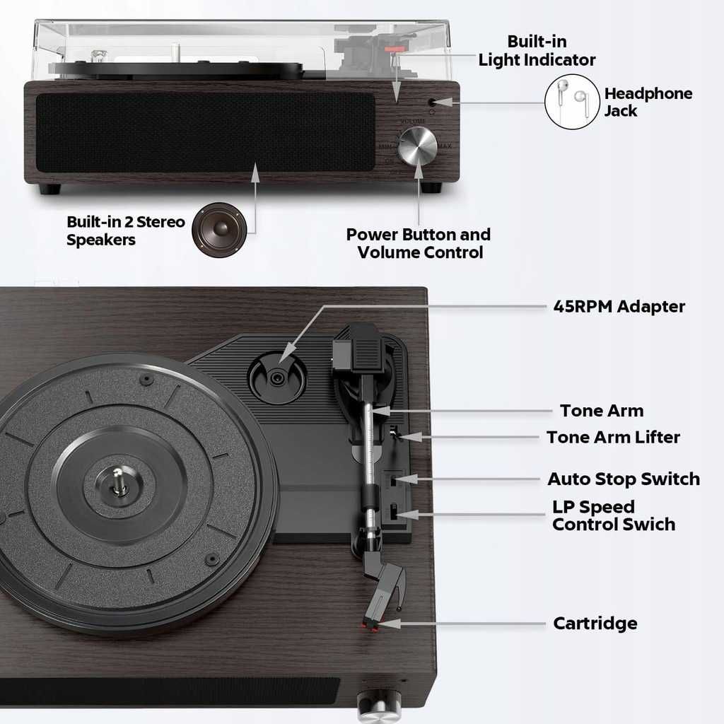 Gramofon winylowy Bluetooth vintage, z wbudowanym głośnikiem FYDEE