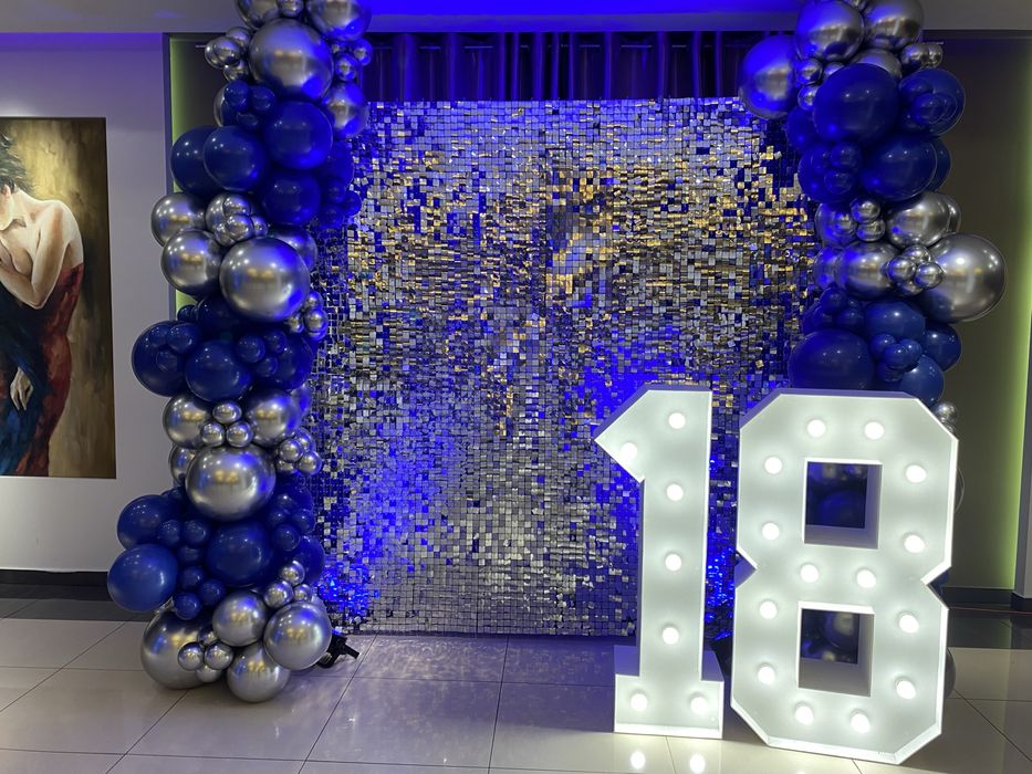 Ścianka cekinowa, led Happy Birthday i inne, wynajem