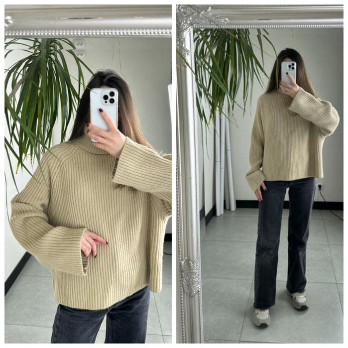 H&M M-L beżowy luźny sweter w prążki z golfem z wełną