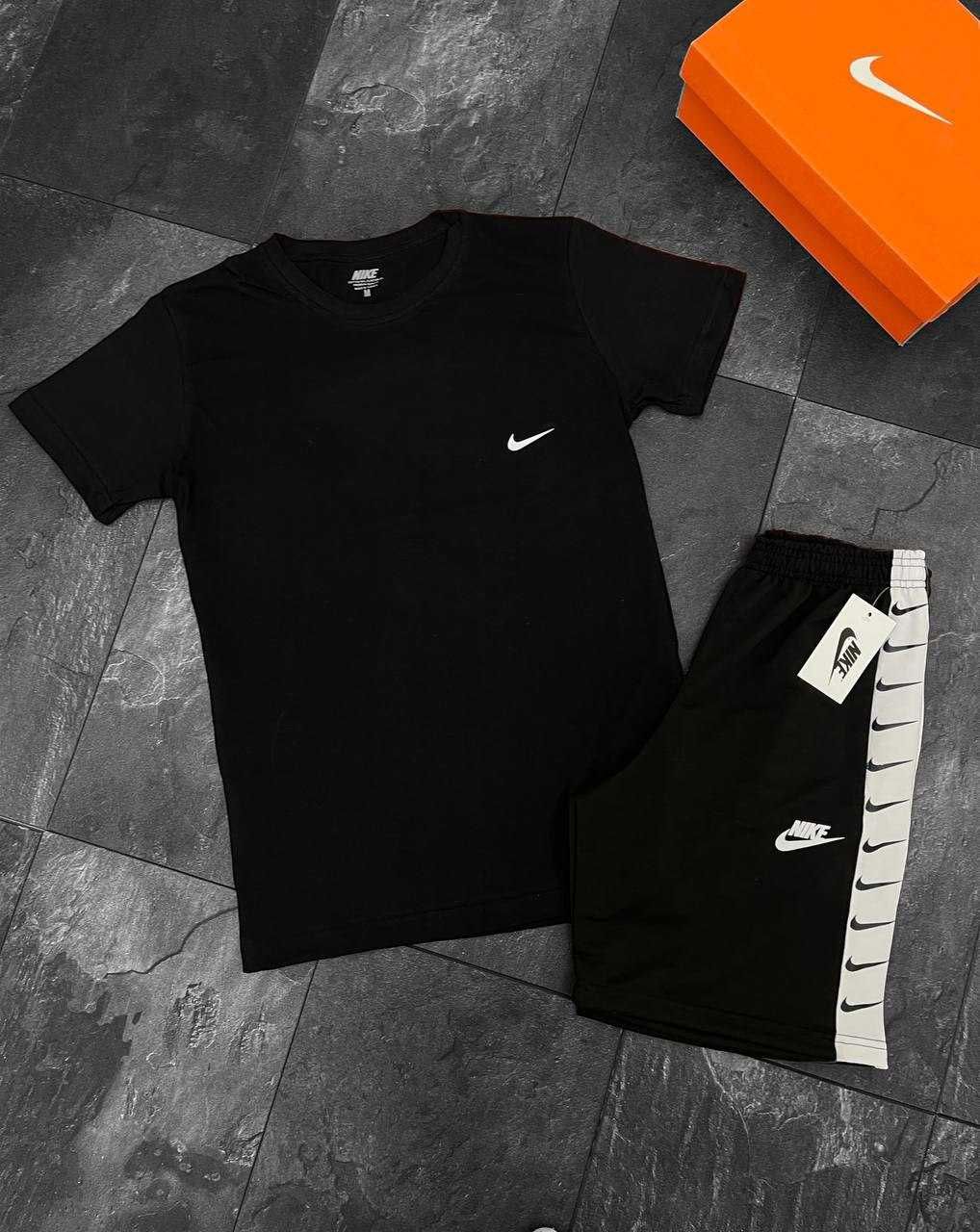 Літній чоловічий комплект Nike футболка + шорти чорний білий