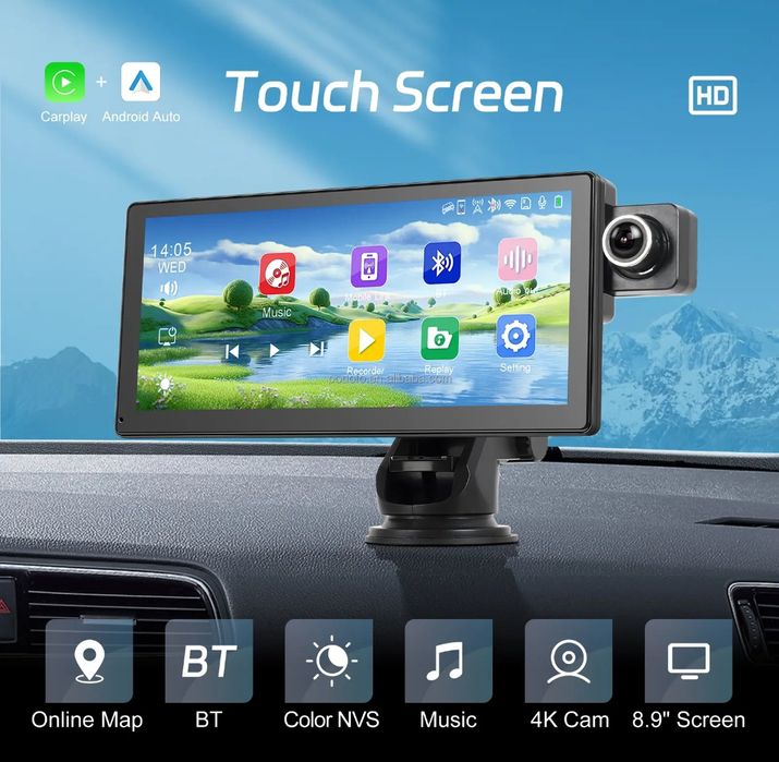 Autoradio portátil 9" CARPLAY Android Auto Cámara DVR rotativa 4K novo