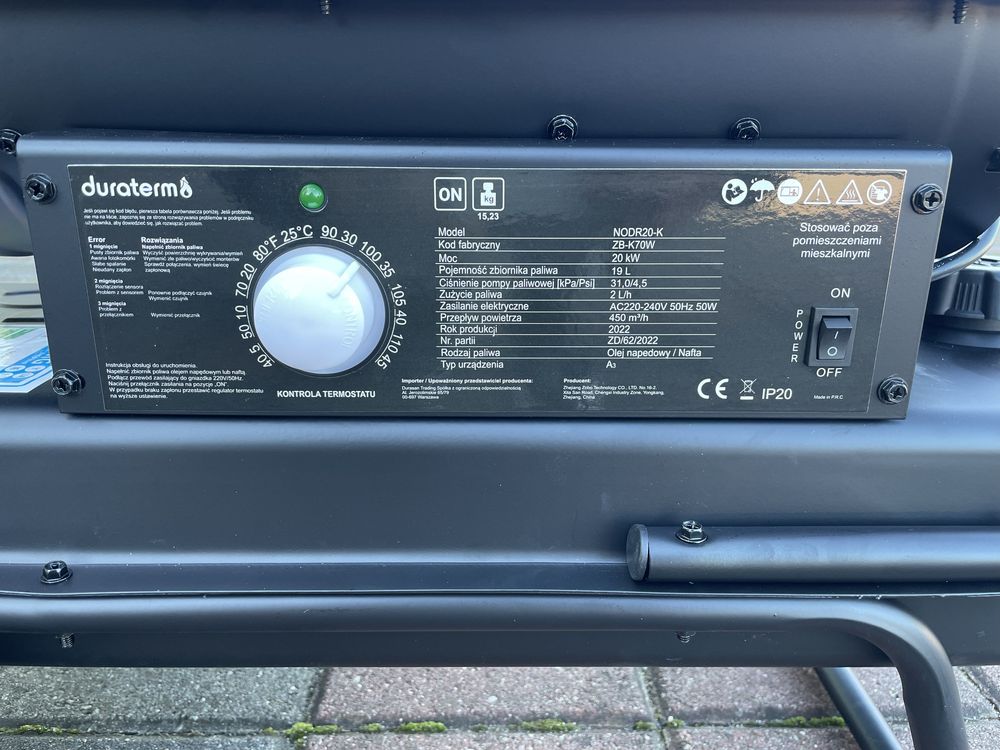 Nagrzewnica Olejowa Diesel 20kW Na kołach Nowa 230V Z termostatem