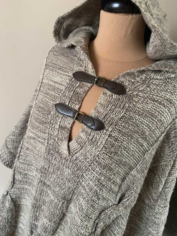 Lmc gruba pleciona narzutka ponczo duzy kaptur warkocz l xl 42 40 braz