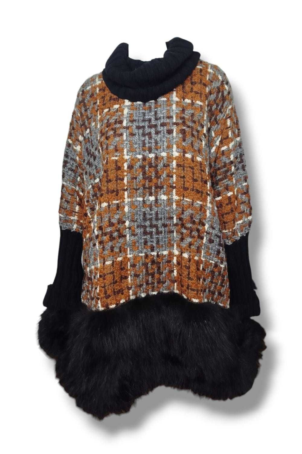 NWT Dolce & Gabbana Tweed Turtle Neck Poncho Real Fur