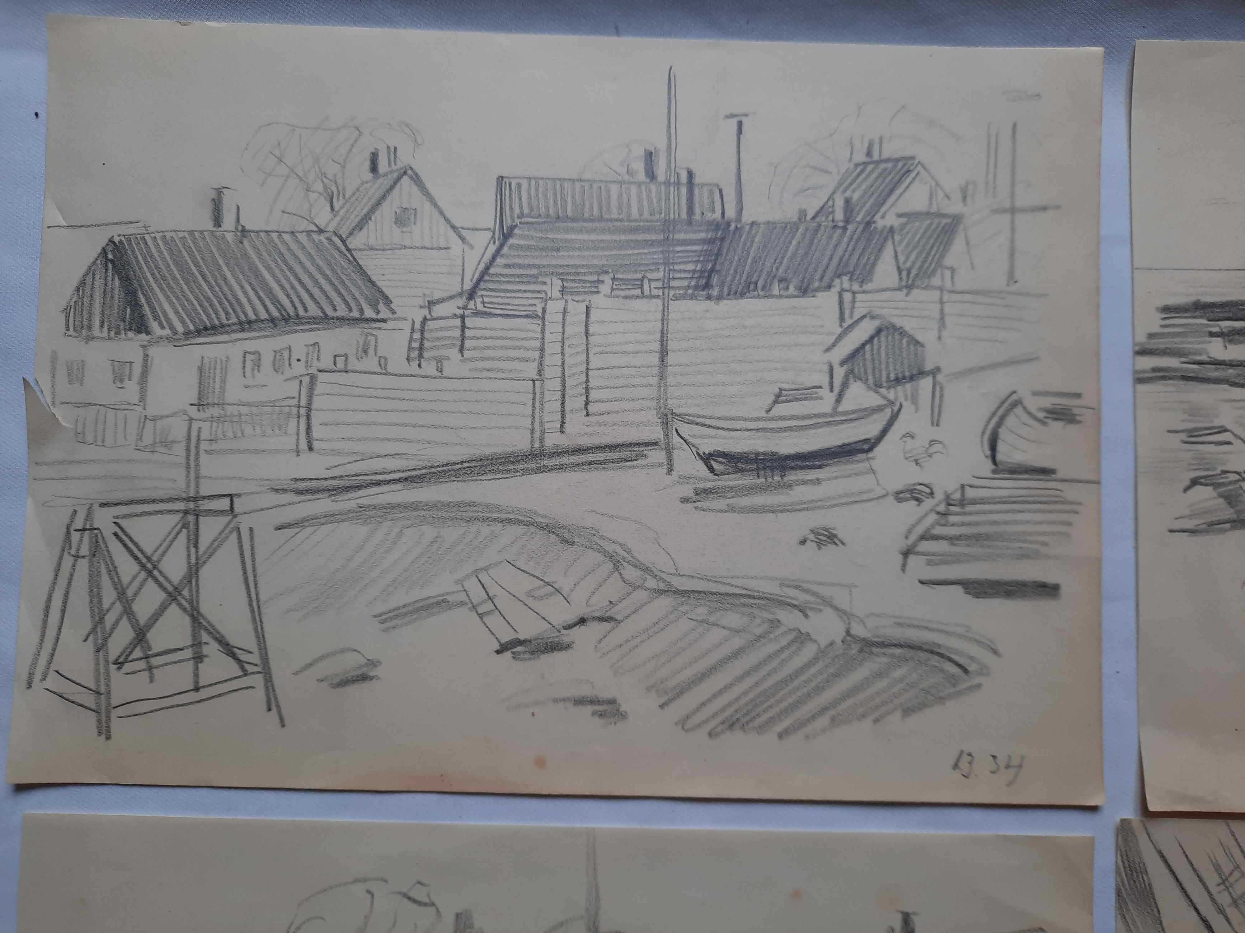 Wioska rybacka Stare przedwojenne rysunki 1933/1934 Zestaw 5 sztuk