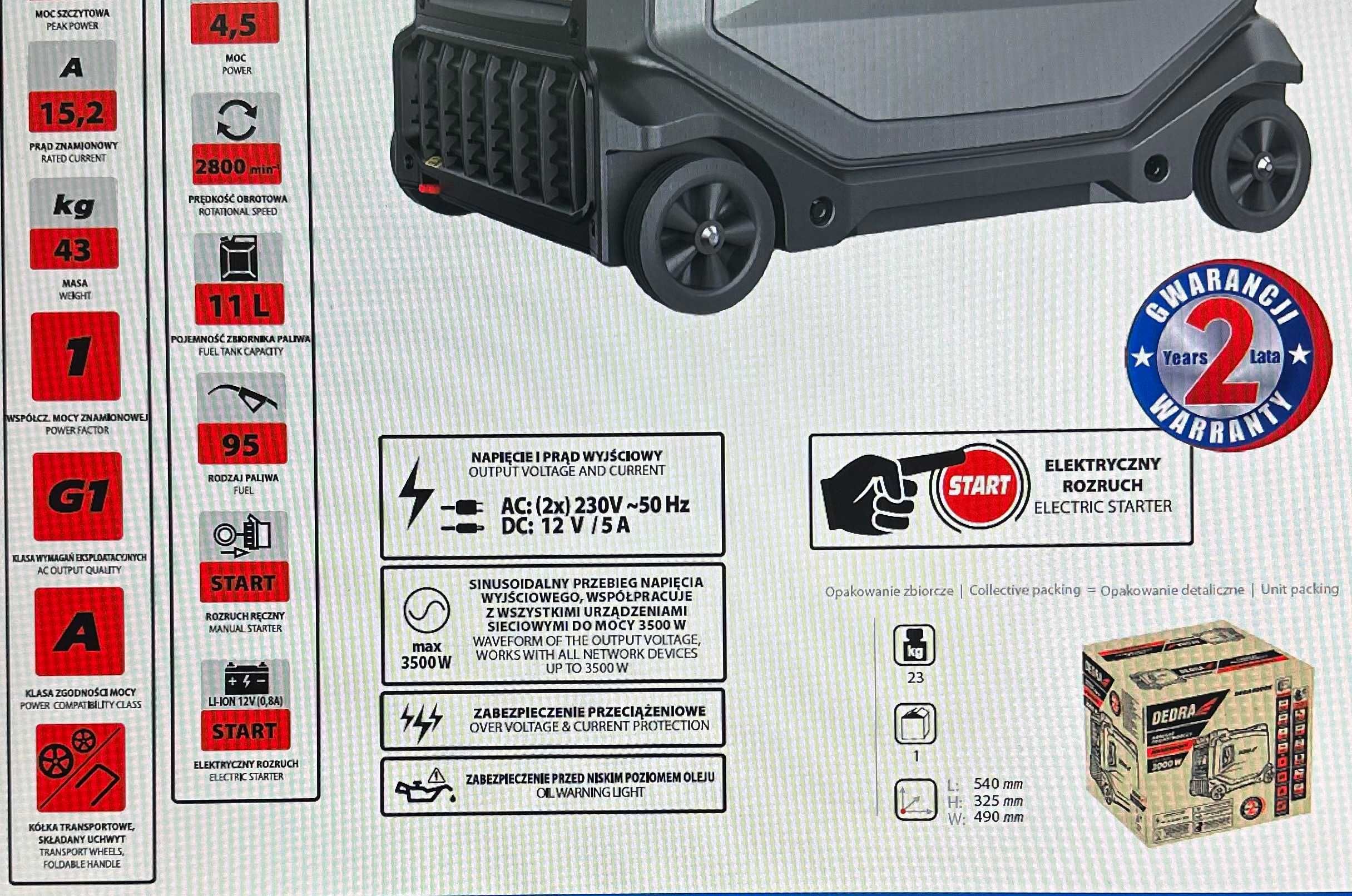 Agregat prądotwórczy inwertorowy 3,5/3,8kW DEDRA DEGA4500K