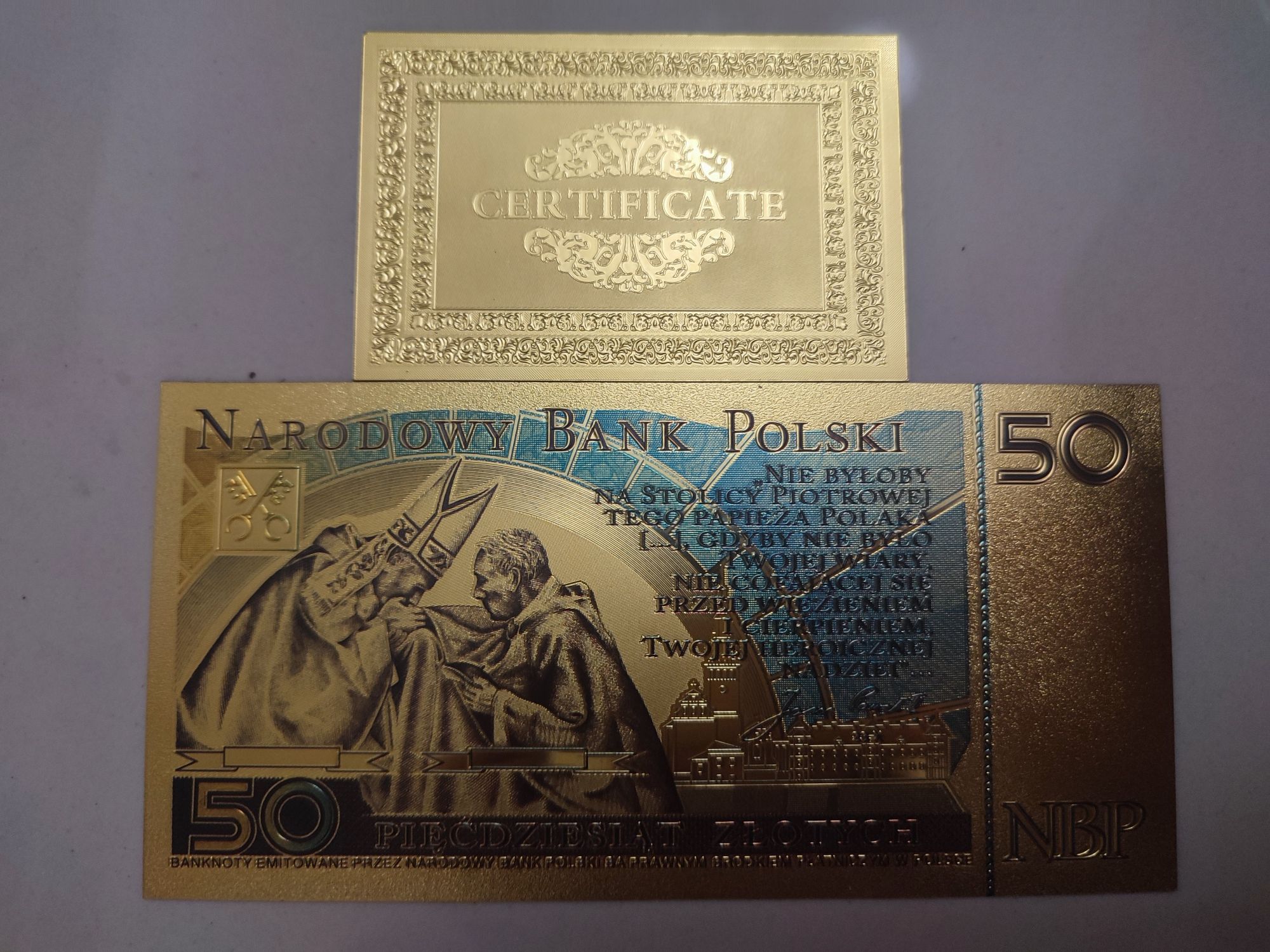 Banknot pozłacany Jan Paweł II z certyfikatem pozlacanym