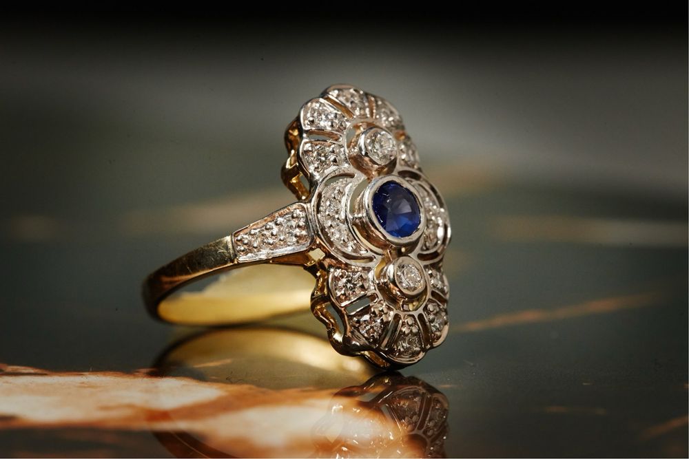 Pierścionek szafir naturalny 0,41 ct diamenty 0,40 ct