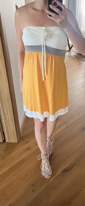 Sukienka letnia z odkrytymi plecami pomarańczowo szaro kremowa