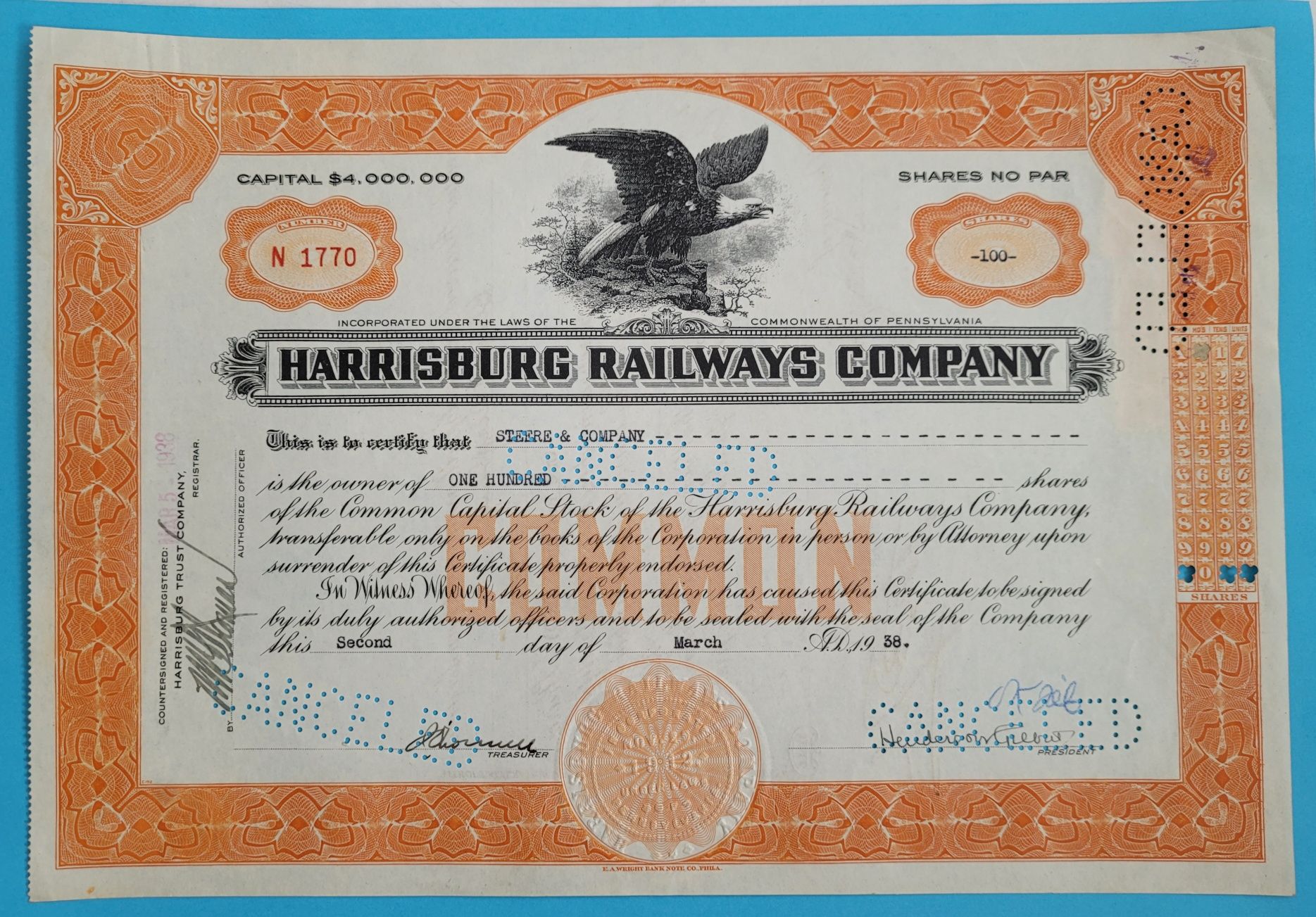 Certyfikat akcyjny Harrisburg Railways Company.