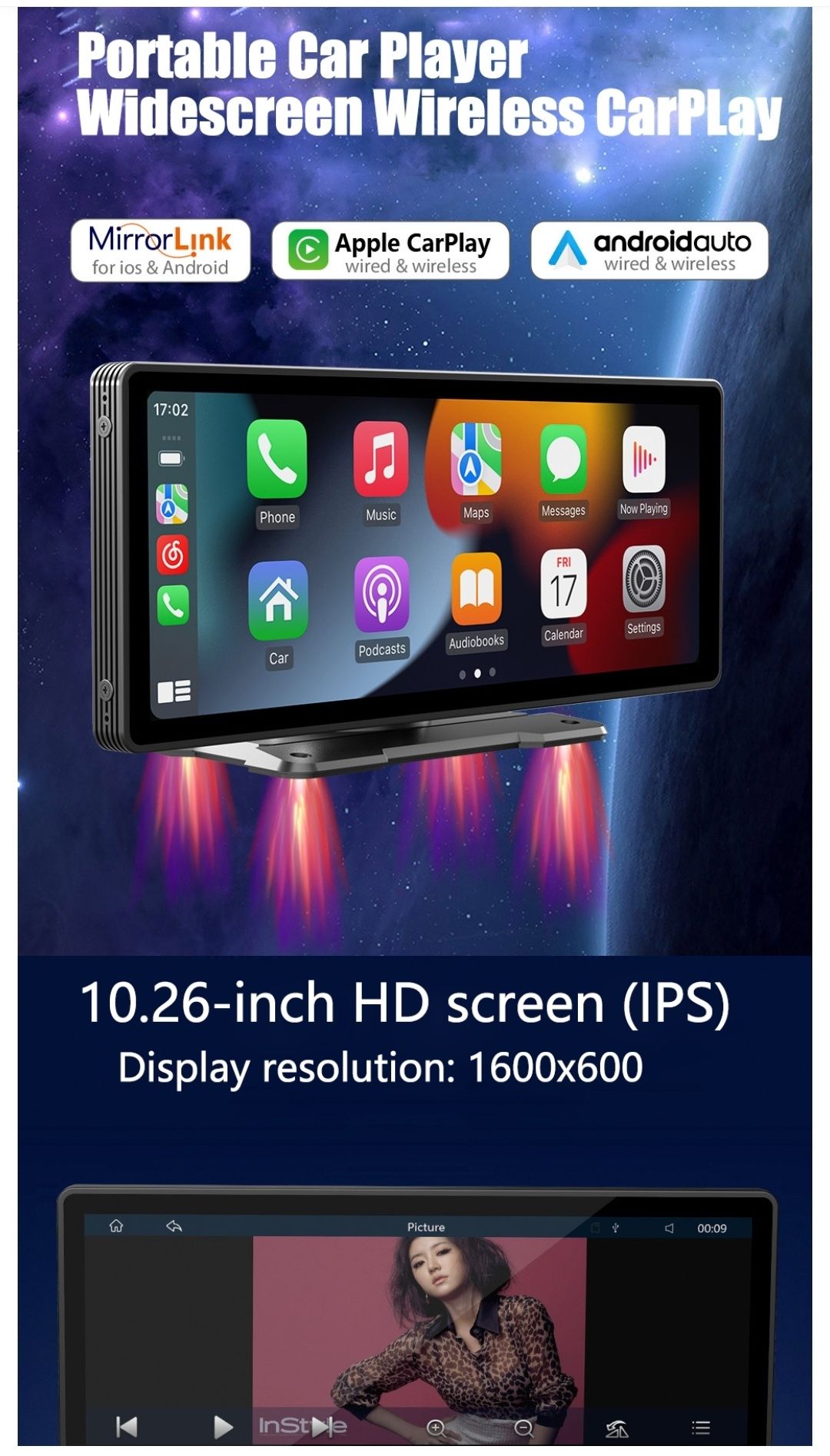 Auto Rádio Carplay MP5 portátil de 10,26 pol com bluetooth, tela HD