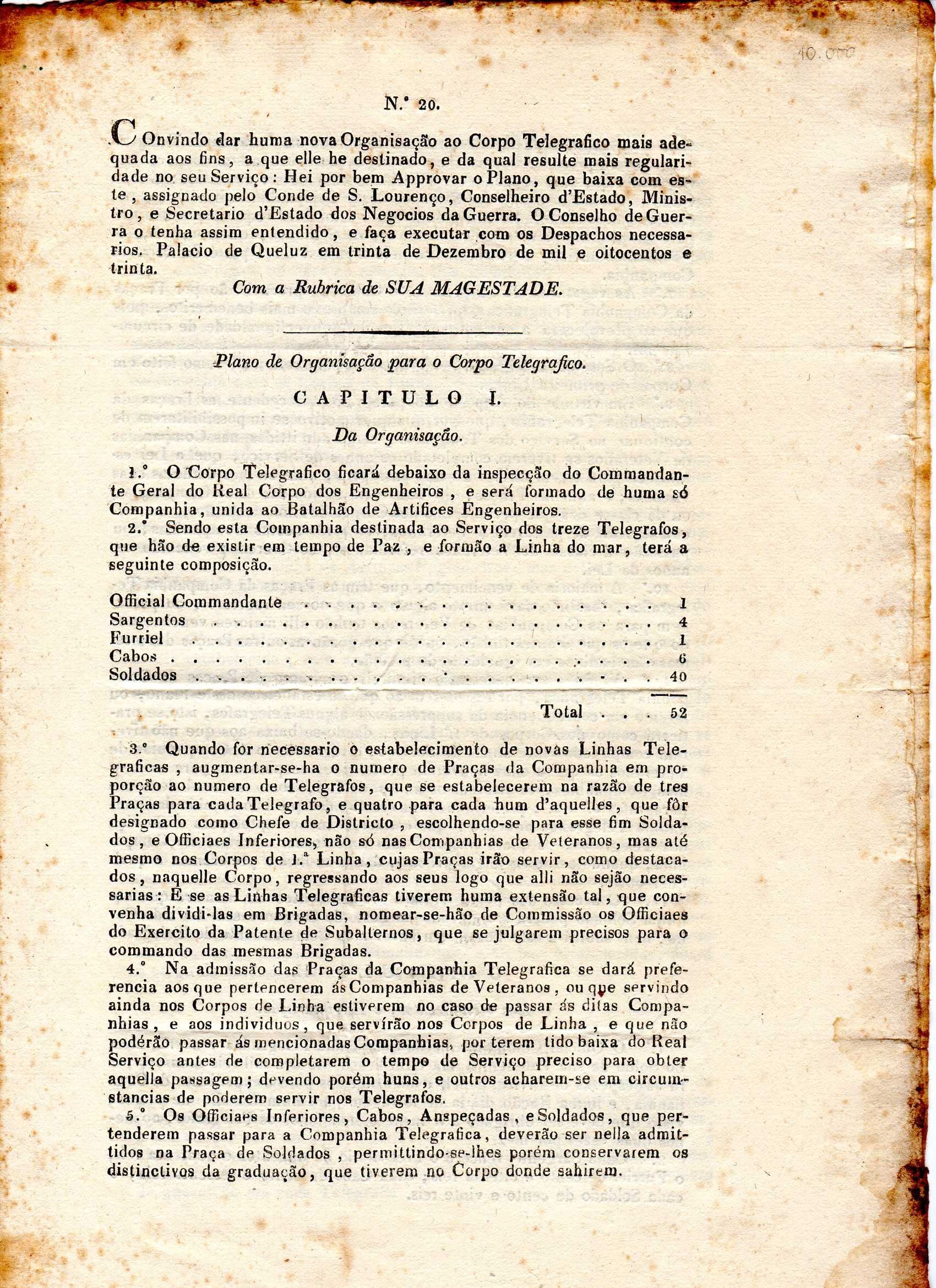 MUITO RARA Lei sobre a Reorganização do CORPO TELEGRÁFICO em 1830