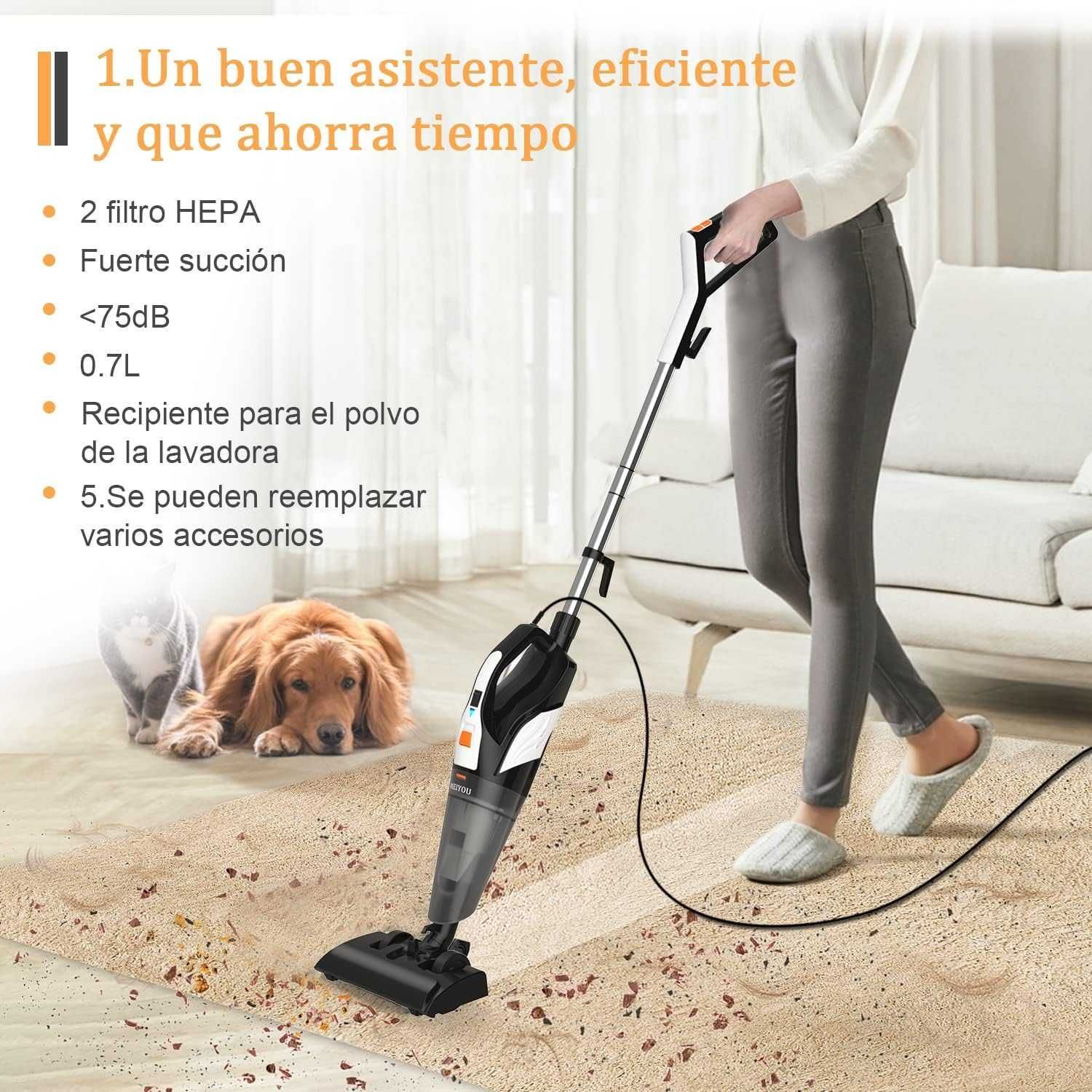 Aspirador Vertical 4 em 1, 600W, 1L, Filtro Hepa