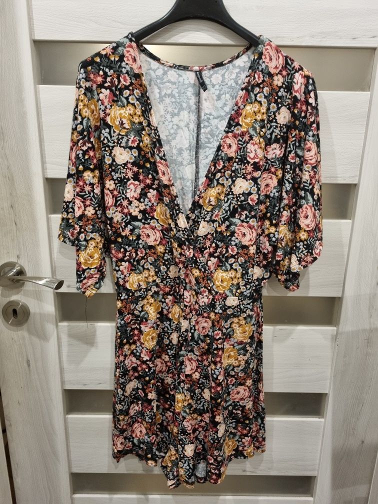 Kombinezon sukienka mini oversize kwiaty print vintage retro dekolt V