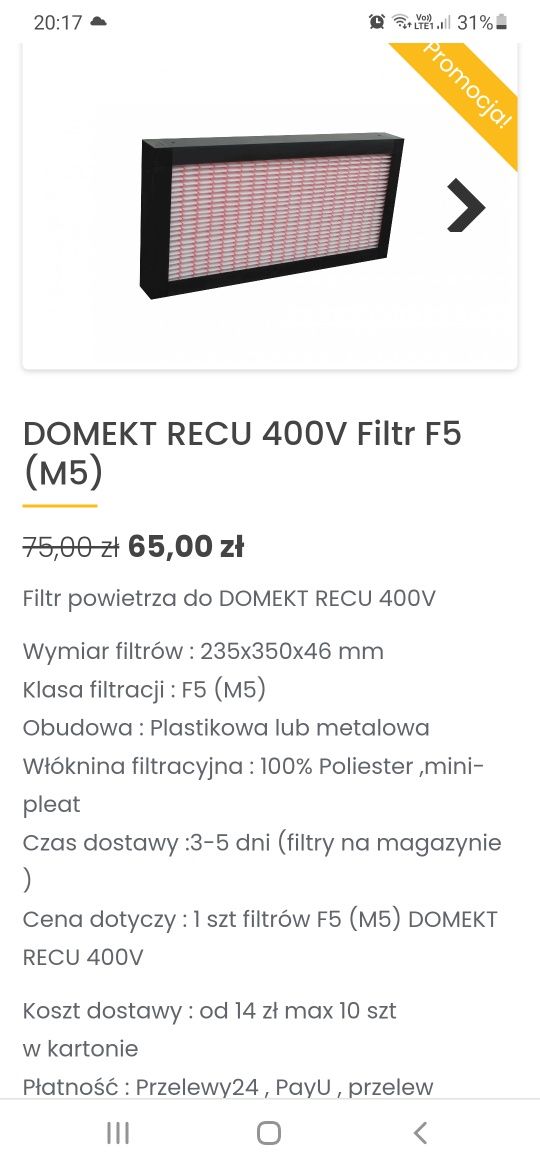 Filtry do rekuperatora Domekt Recu 400V