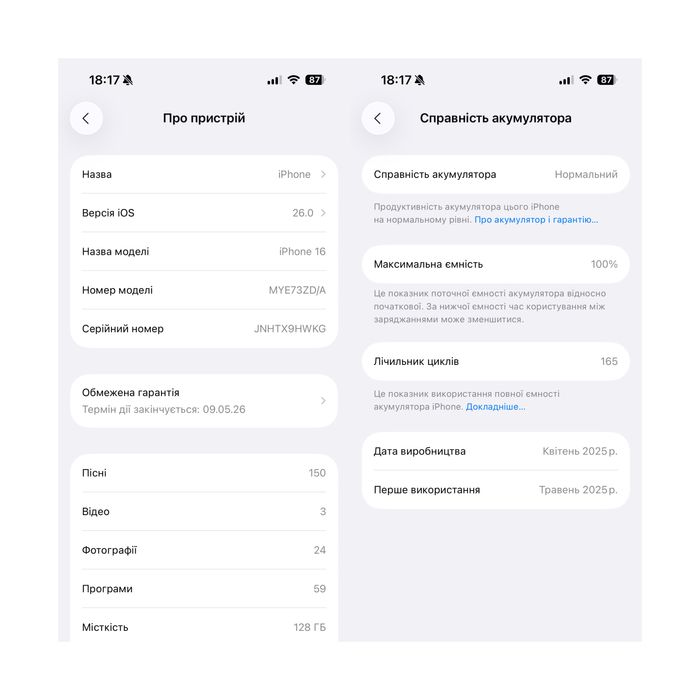 iPhone 16, Black, 128GB | Батарея 100% (10/10) Європейська версія