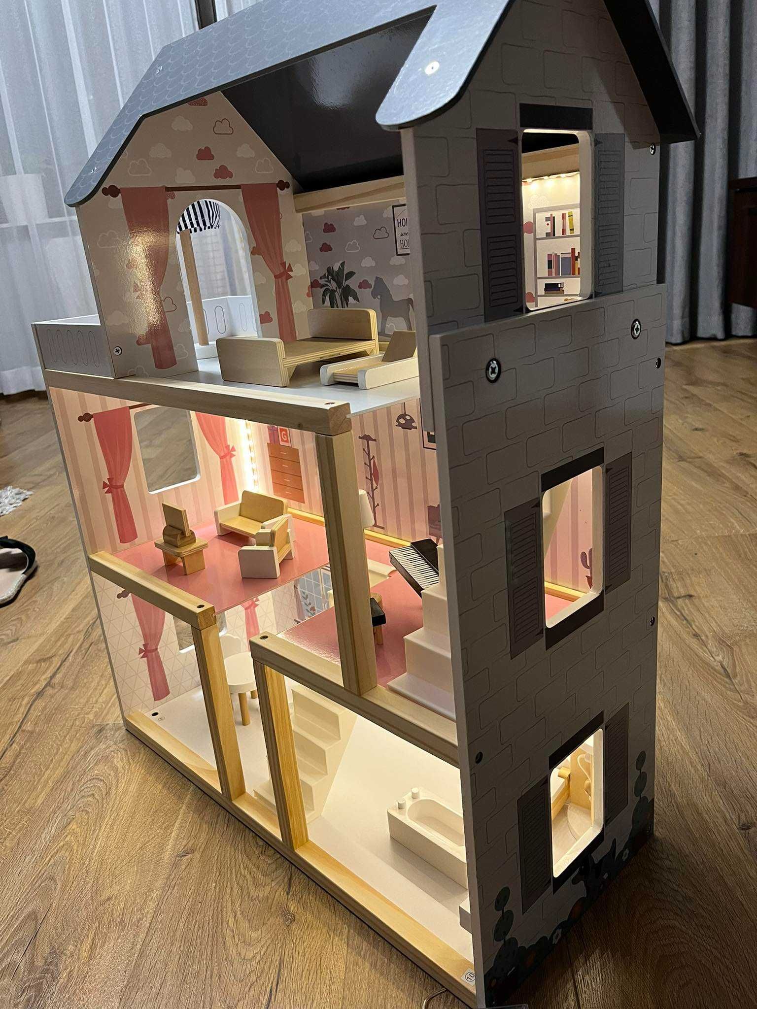 NOWY DUŻY Domek dla lalek drewniany + mebelki 78cm oświetlenie LED