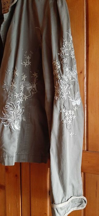 Elegancki Żakiet Damski Rozmiar XL Khaki z Haftem Kwiatowym Marynarka