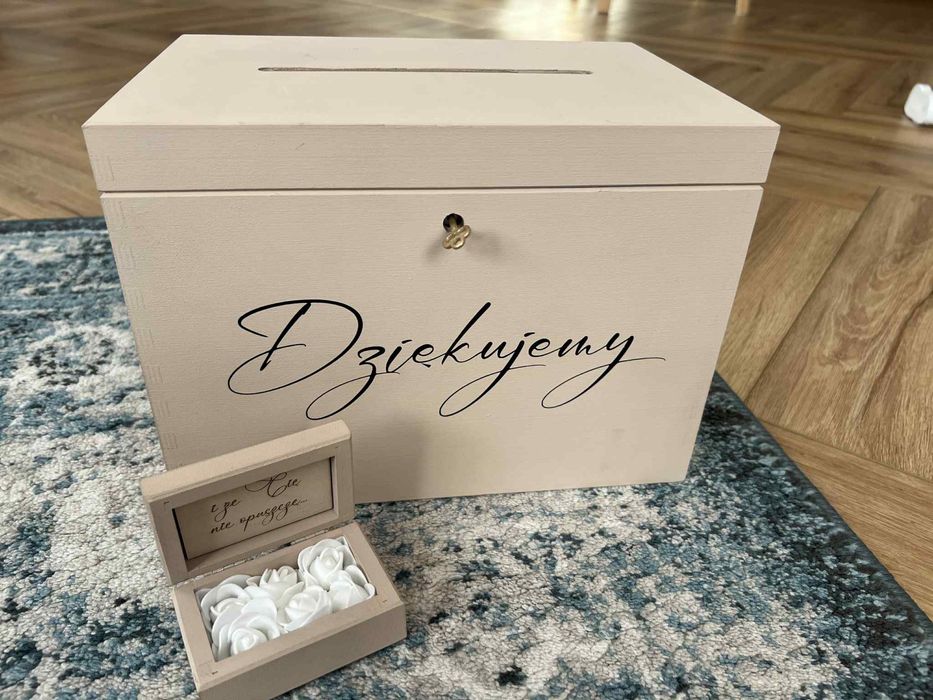 Zestaw skrzynia pudelko na koperty oraz pudełko na obraczki