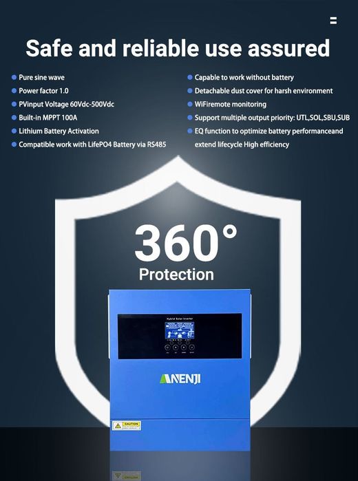 ГІБРИДНИЙ Інвертор 4.2кВт 24V MPPT 100А ANJ-4000W | Чистий Синус, ДБЖ