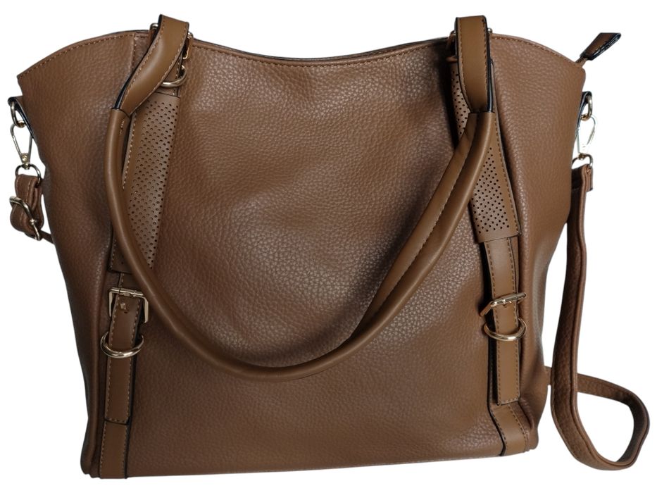 Duża Shopperka Damska, Miejska, Eko Skóra Groszkowa Brąz Camel