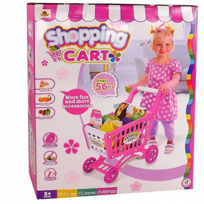 Duży 28 elementowy różowy koszyk wózek na zakupy i akcesoria