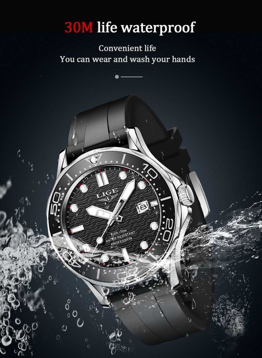 Zegarek męski Lige czarna tarcza wygląd nurka na pasku silikonowym BOX