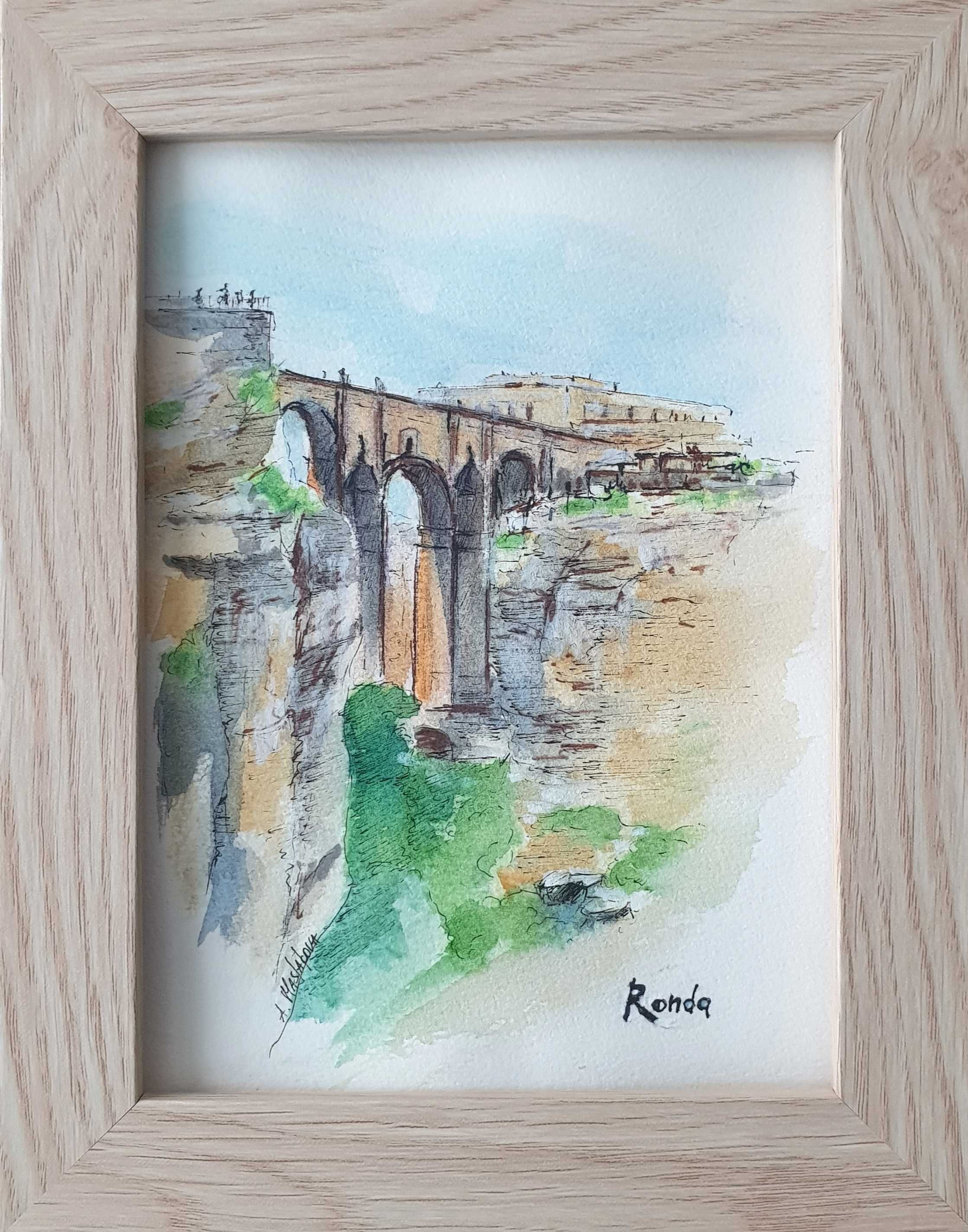 Obraz ręcznie malowany "Szkice z Hiszpanii" +rama most akwarela
