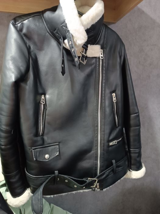 Дубльонка авіатор з якісної екошкіри й білим хутром