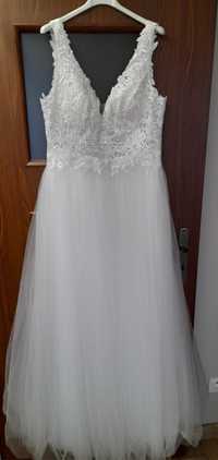Piękna suknia ślubna biała tiul koronka na ramiączkach NOWA XL 42