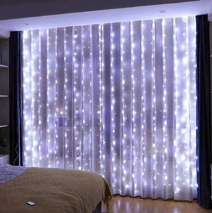 Kurtyna świetlna 300 led lampki choinkowe girlanda biała zimna pilot