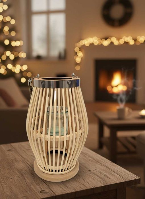 BOHO Lampion bambusowy drewniany Naturalny Tarasowy 30cm