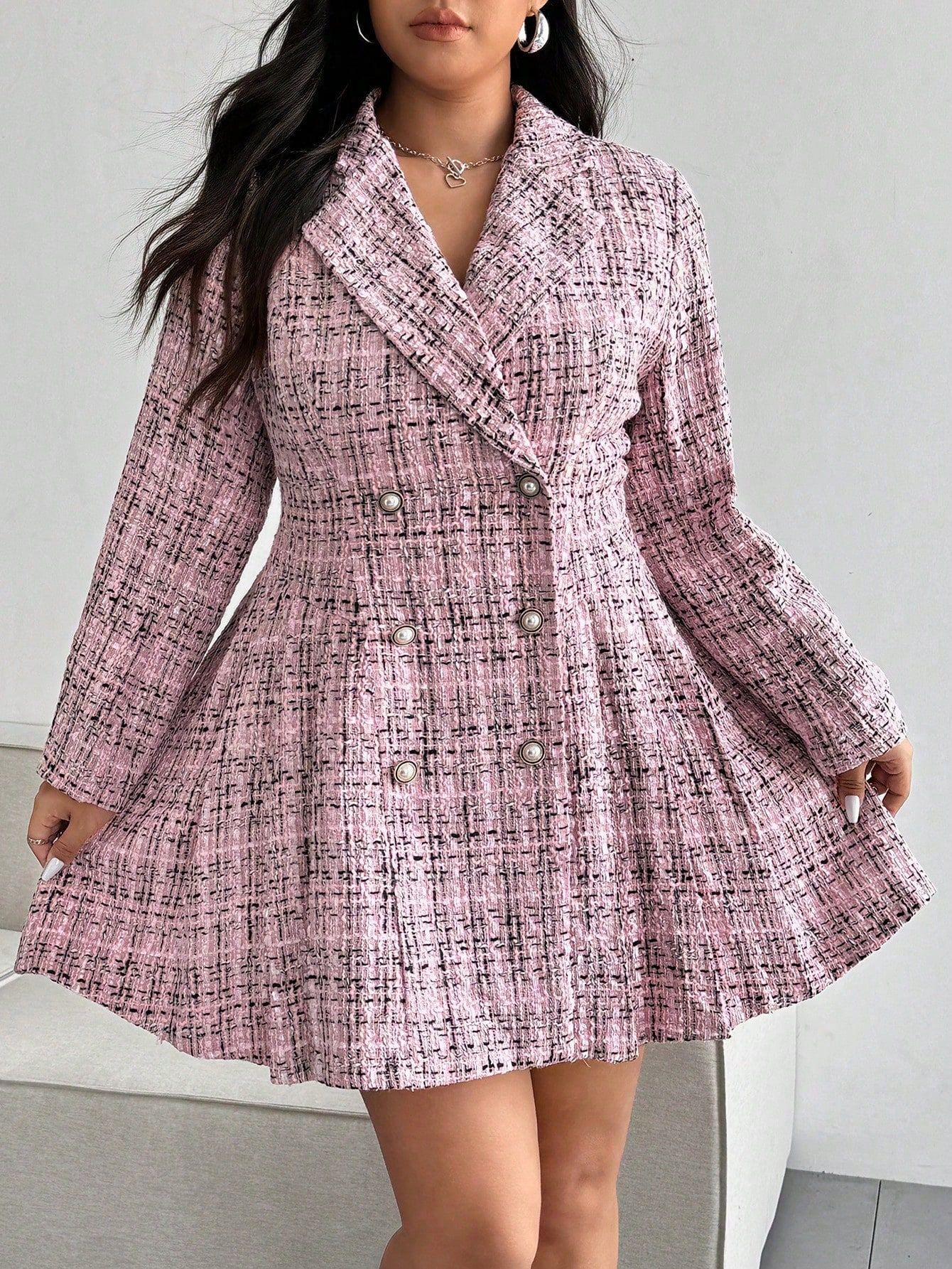 Sukienka Tweedowa Marynarkowa Elegancka Dwurzędowa Różowa Shein 3Xl 46