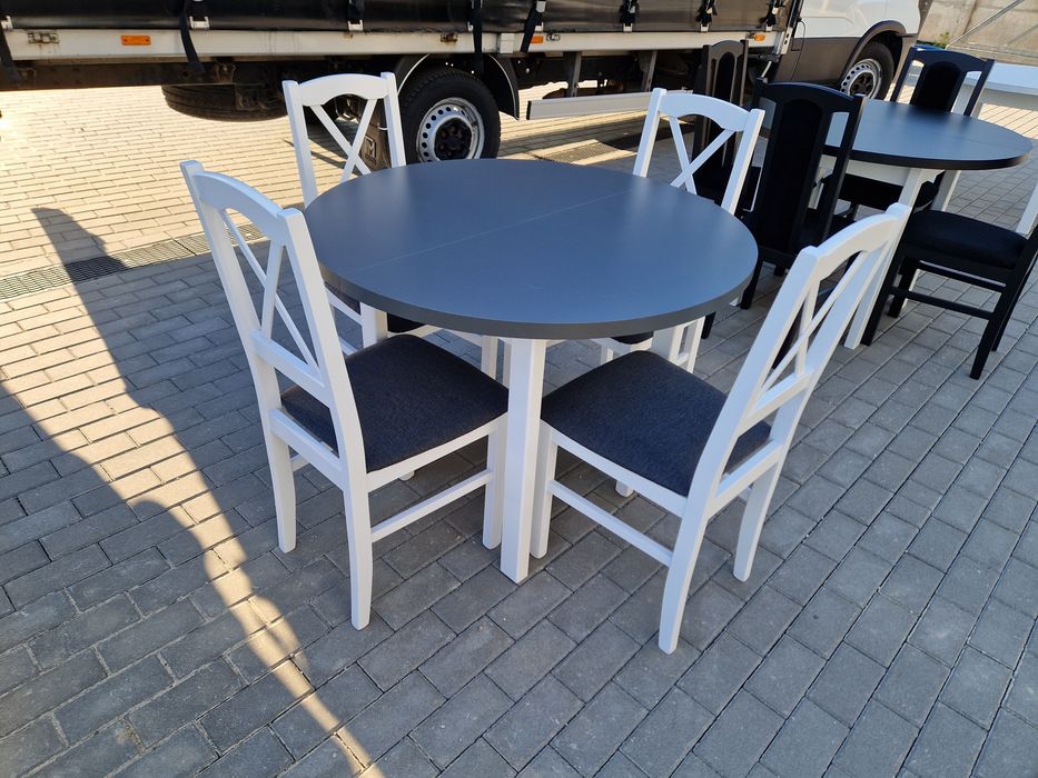 Nowe: Stół okrągły + 4 krzesła, biały/grafit + grafit ( krzyż)