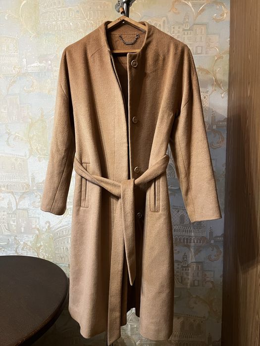 Женское кашемировое длинное пальто.Пальто в клетку.Песочное пальто