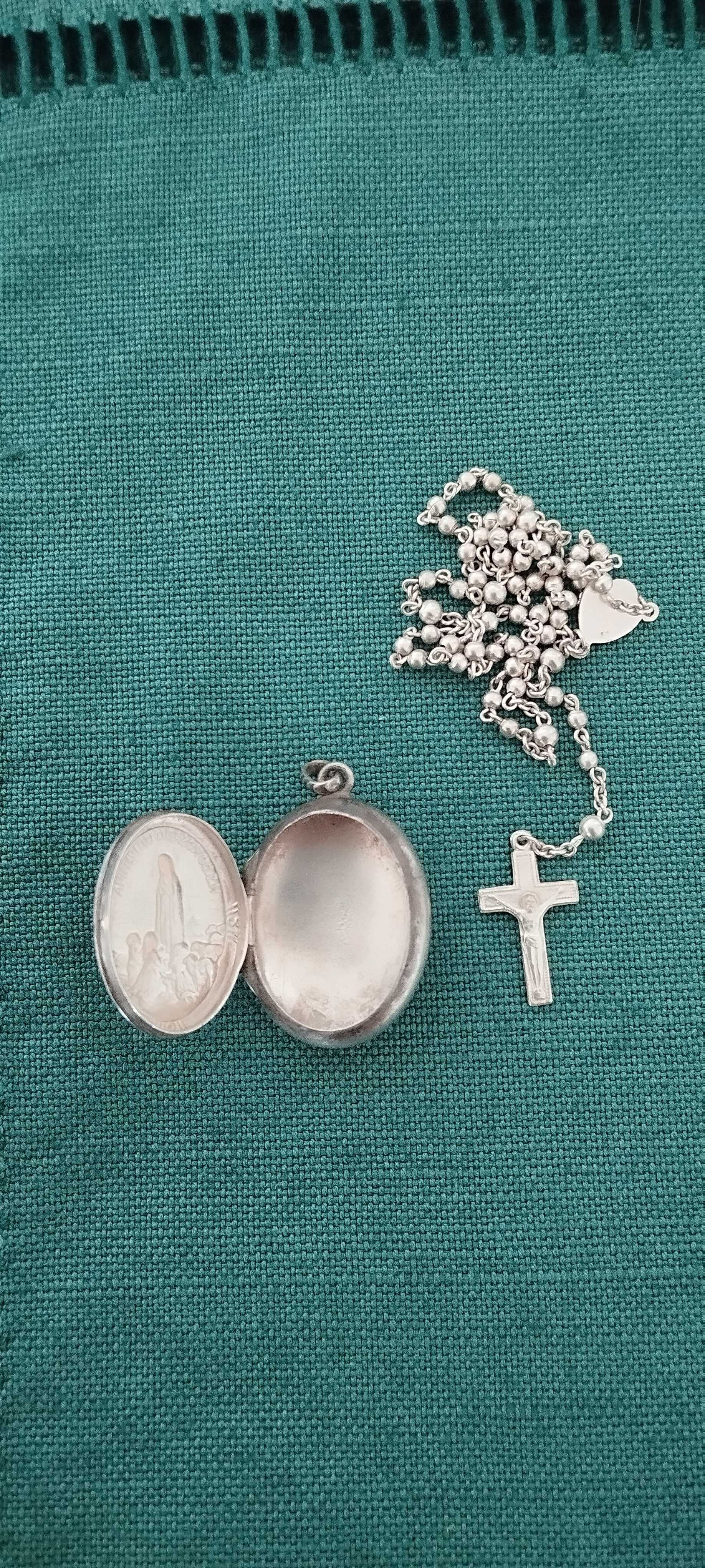 Terço antigo Nossa Senhora do Rosário de Fátima  prata com caixinha