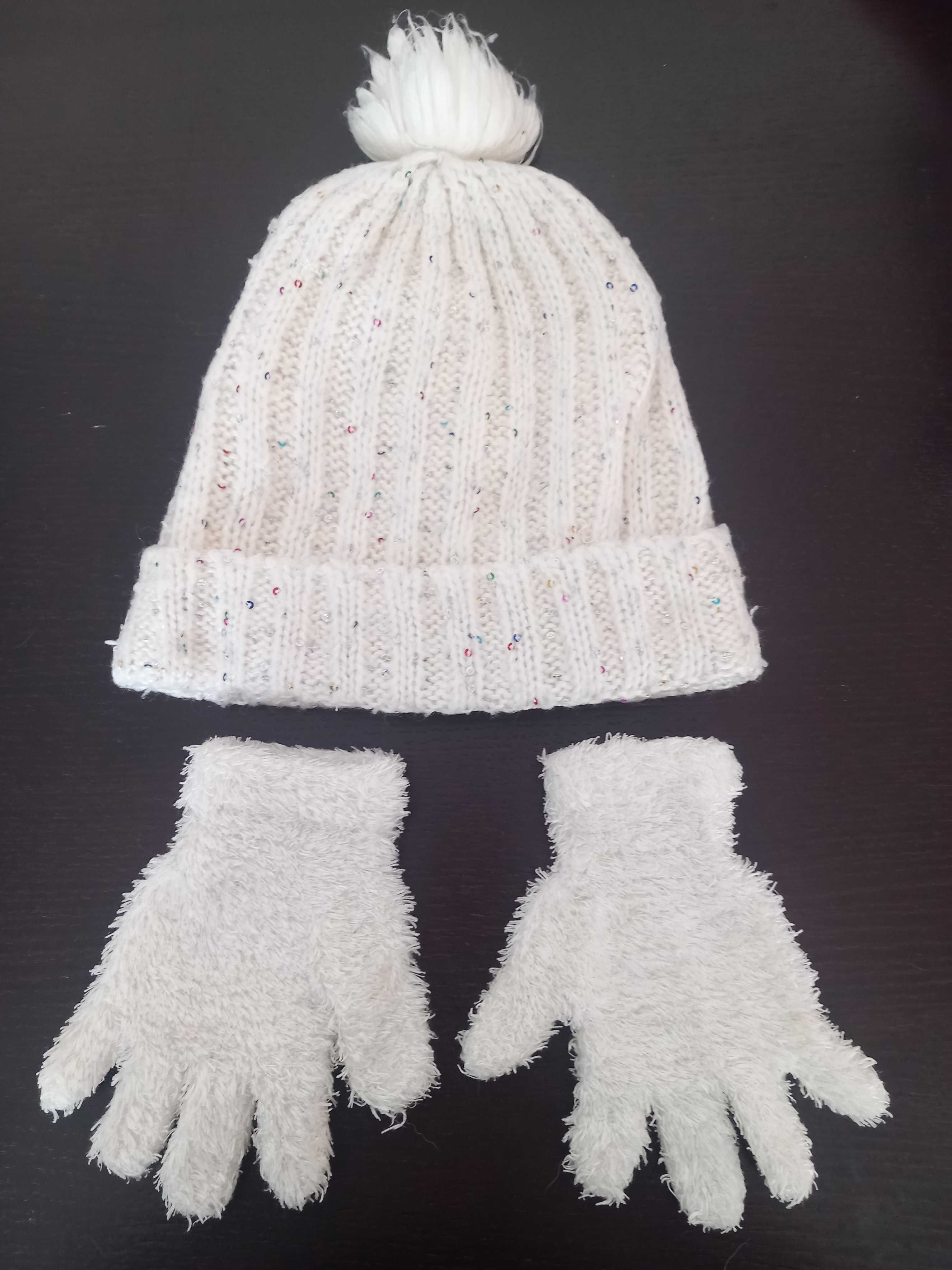 Czapka i rękawiczki, białe, 8-11 lat