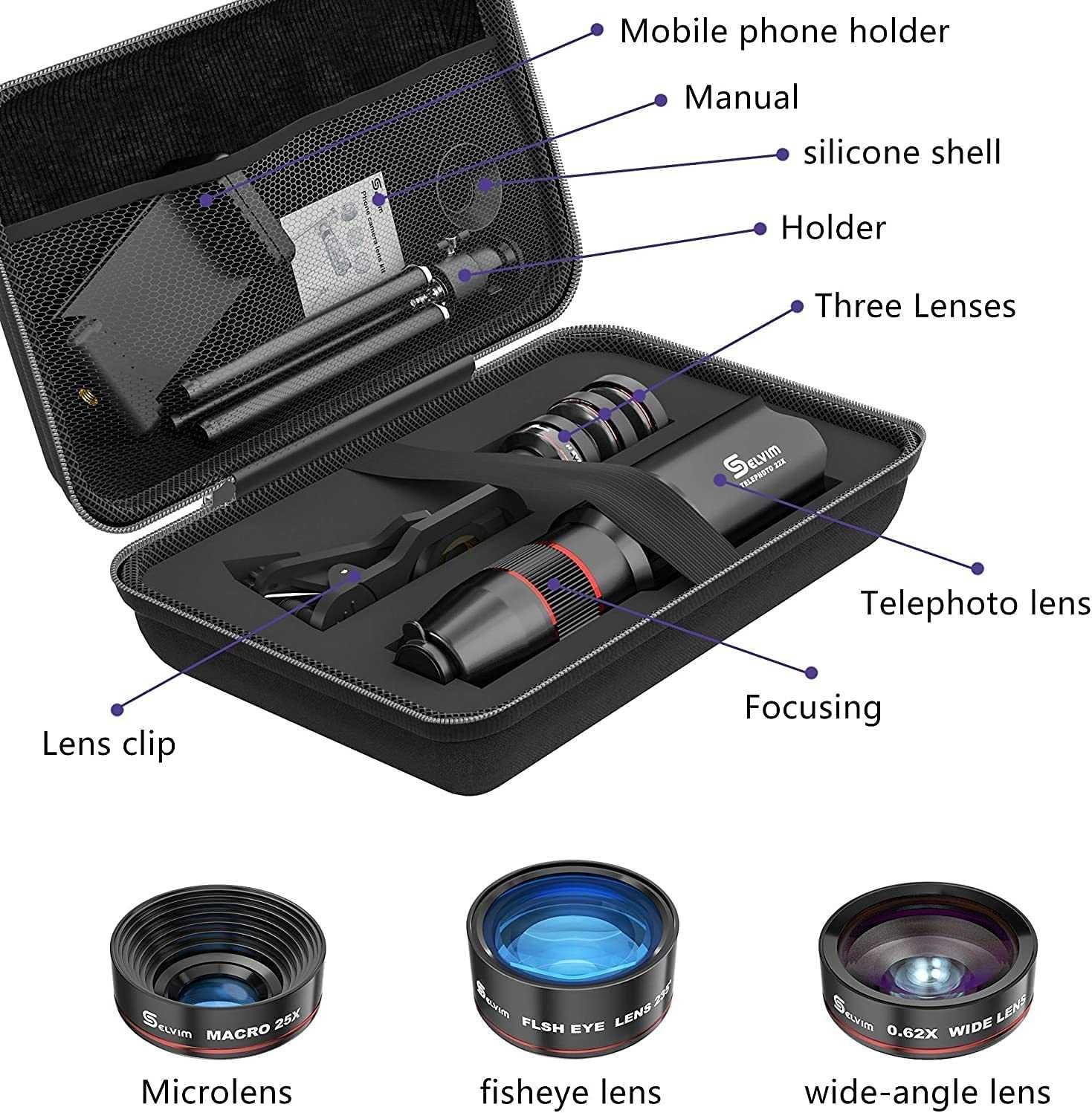 Комплект объективов для камеры телефона 4в1 Selvim  22X/235°/0,62X/25X