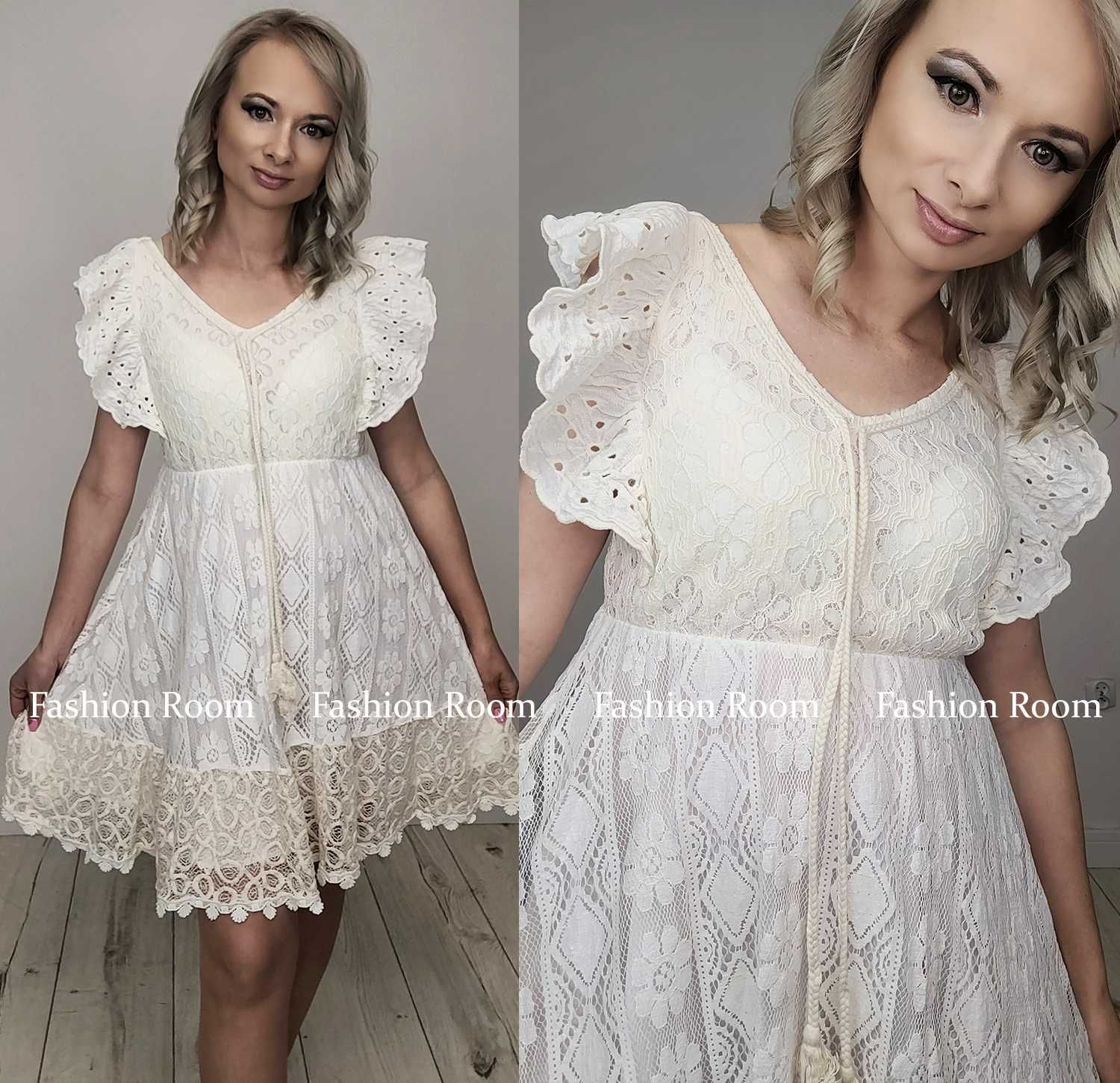 Sukienka BOHO romantyczna kolor kość słoniowa ecru nude UNI