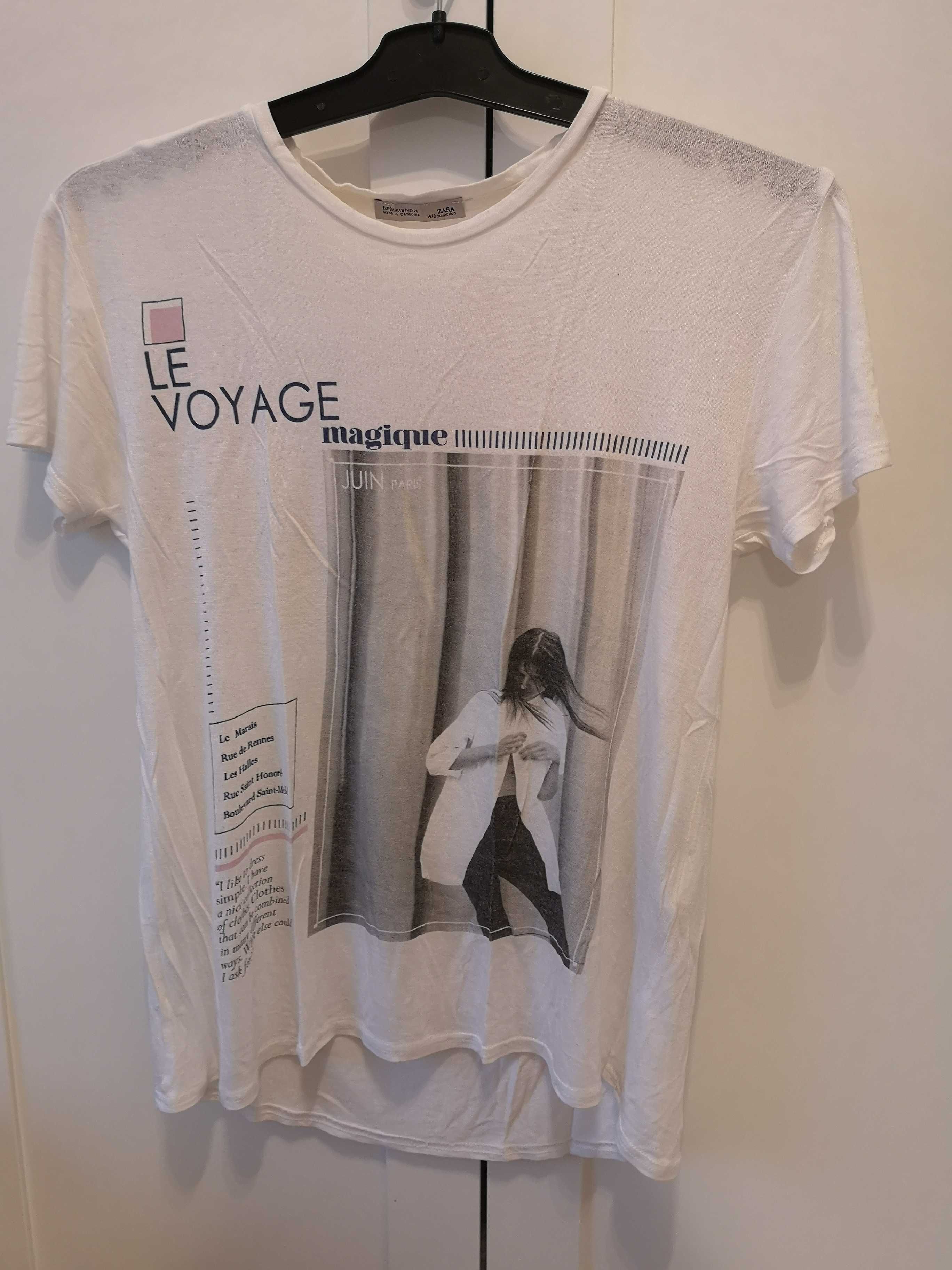 ZARA t-shirt biały logo Le Voyage r. 36/S