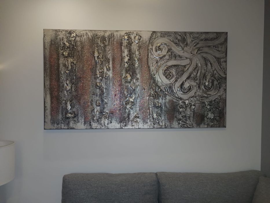 Tela Abstrata Texturada com Relevo Metálico – Assinada