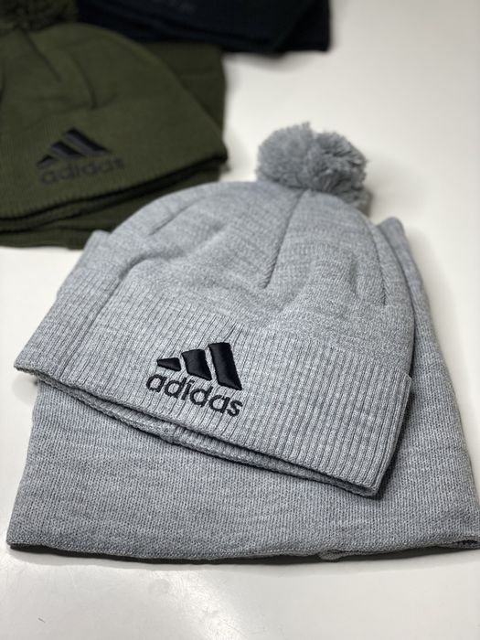 Чоловіча зимова ШАПКА+БАФФ ADIDAS комплект НА ФЛІСІ шапка з помпоном
