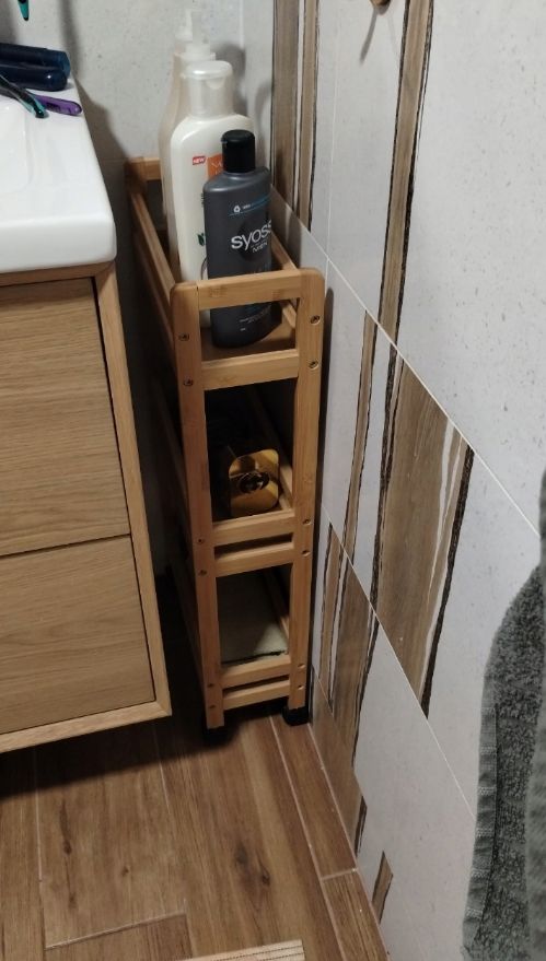 Półka łazienkowa kuchenna bambusowa 3 poziomowa na kółkach wąski regał