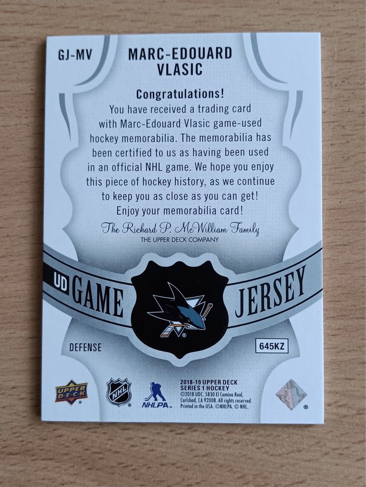 Karta NHL Jersey Marc- Edouard Vlasic