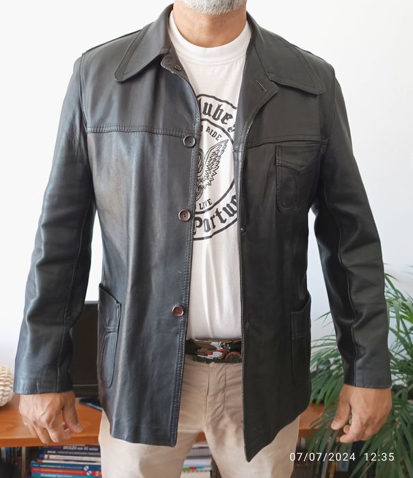 Casaco vintage em pele preta L/XL 52