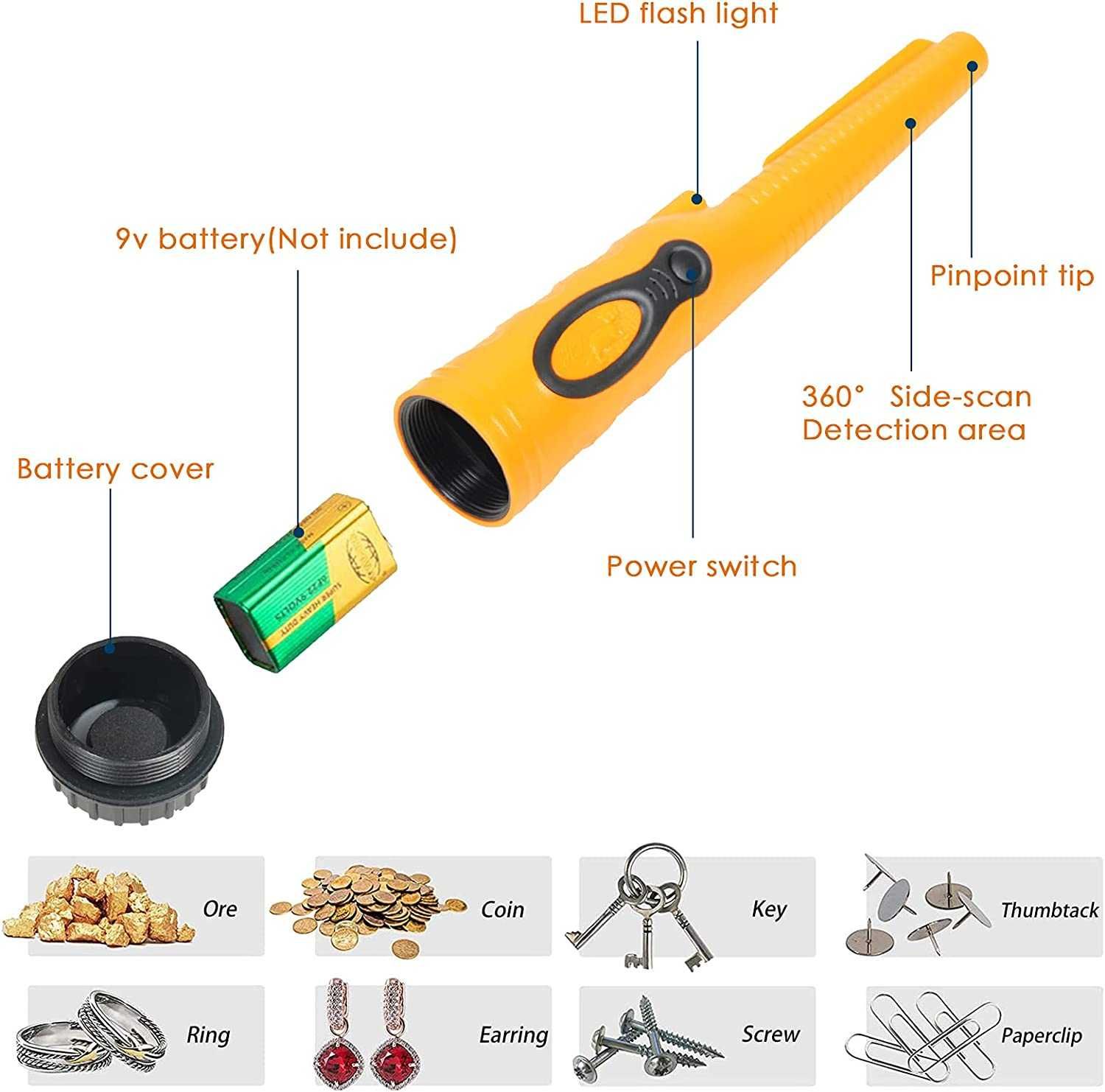 Pinpointer detector de metais manual impermeável IP68