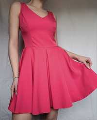 Malinowa różowa krótka asymetryczna rozkloszowana sukienka 38 M